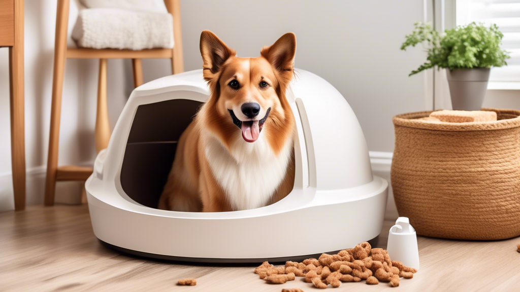 Create an image of a friendly, intelligent-looking dog happily using a stylish indoor litter box in a cozy home setting. The dog appears comfortable and well-trained. Surrounding the dog are various t