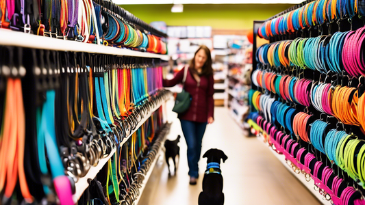 An inviting pet store aisle filled with a colorful selection of dog leashes and collars, displayed on well-organized racks. The leashes and collars vary in styles, materials, and sizes to suit differe