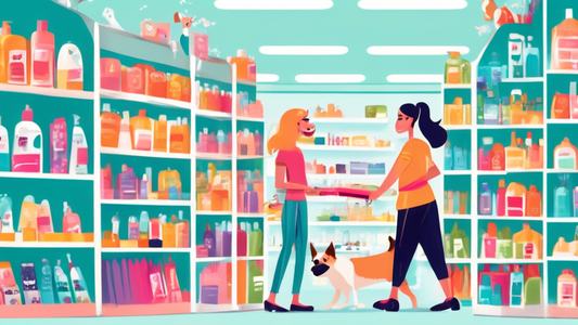 A bright, cheerful pet store aisle filled with various dog grooming supplies such as brushes, shampoos, nail clippers, and combs. Shelves are neatly organized and labeled, with a friendly store associ