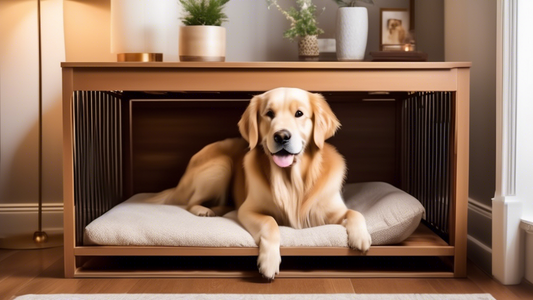 Create a detailed and inviting scene of a cozy living room where a happy dog, possibly a golden retriever or labrador, is lounging comfortably inside a stylish wooden dog crate. The crate should look 