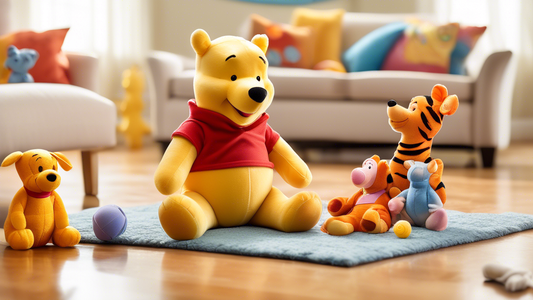 Create an image of a happy dog playing with Winnie the Pooh-themed dog toys in a bright, cheerful living room. The toys include plush figures of Winnie the Pooh, Tigger, Piglet, and Eeyore, as well as