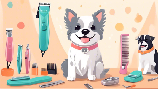 An image of a cheerful pet owner grooming their happy dog with a sleek, affordable set of dog clippers. Display a range of clippers varying in size and color on a table nearby, with price tags showing