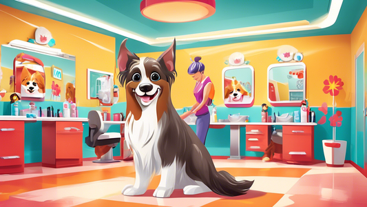 An inviting Petco grooming salon showcasing a happy dog being pampered by a professional groomer. Emphasize the clean, modern facilities and a range of grooming tools. Capture the dog's joyful express