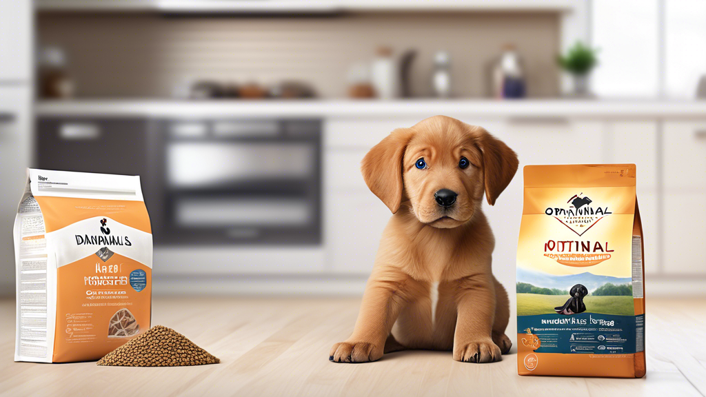 Create a detailed image of a healthy and happy large breed puppy sitting next to a bag of Diamond Naturals dog food. The setting should be a cozy and inviting kitchen with natural sunlight streaming i
