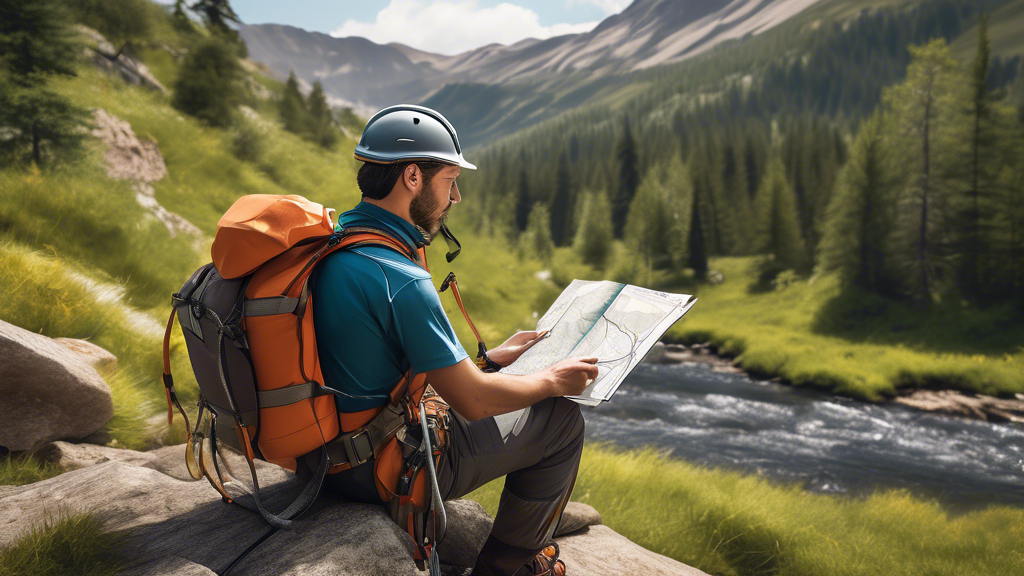 Create a detailed illustration of a person confidently using an advanced harness system called HelpEmuHarness in an outdoor adventure setting. The person should be shown reading a manual or guidebook 