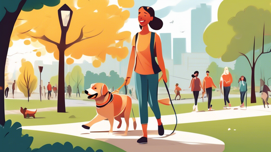 A peaceful neighborhood park with a dog happily walking beside its owner on a loose leash, showcasing a calm and controlled walk. The dog wears a bright collar and a comfortable harness, and the owner