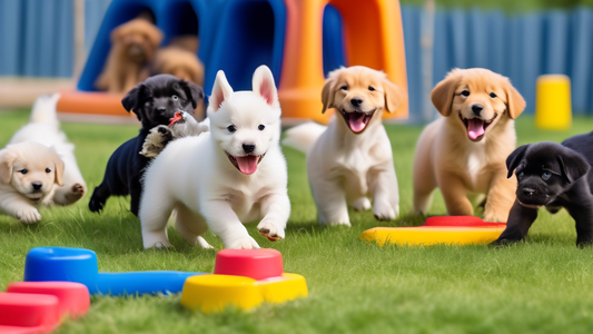 A group of adorable puppies in a colorful outdoor boot camp setting, with one puppy successfully navigating an obstacle course and another listening attentively to a trainer in a navy blue shirt holdi