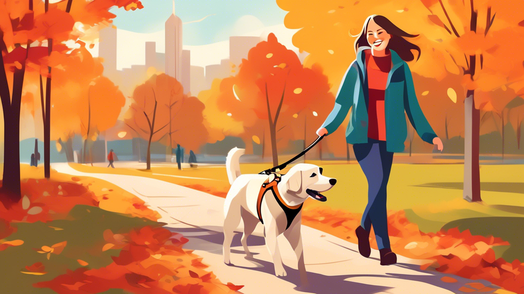 Create a heartwarming image of a happy dog wearing a Gentle Leader harness, walking calmly beside its owner in a scenic park. The dog appears comfortable and relaxed, while the owner looks pleased and