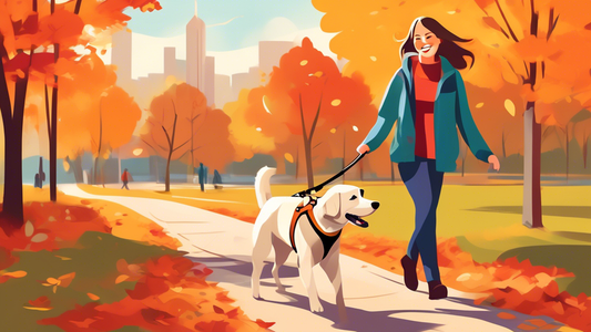 Create a heartwarming image of a happy dog wearing a Gentle Leader harness, walking calmly beside its owner in a scenic park. The dog appears comfortable and relaxed, while the owner looks pleased and