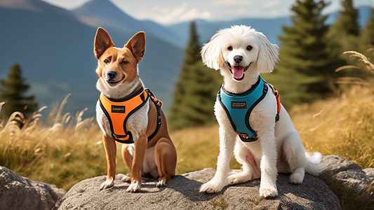 Create an image featuring a variety of colorful and high-quality dog harnesses by Non Stop Dogwear, displayed on a range of dog breeds in an outdoor setting. Include an active scene where dogs and the