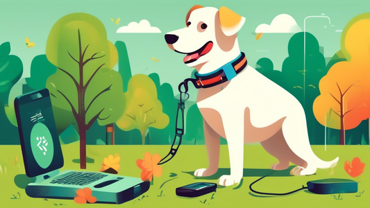 Create an image that shows a happy dog wearing an electronic collar in a park setting, surrounded by lush greenery. Include icons or symbols representing benefits like safety and training, as well as 