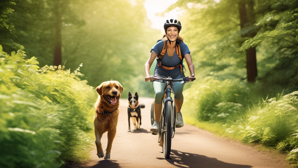 Create an image of a cheerful person riding a bicycle on a scenic outdoor trail, with their happy dog safely attached by a bike leash. Show the dog running alongside the bike on a designated dog track