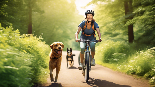 Create an image of a cheerful person riding a bicycle on a scenic outdoor trail, with their happy dog safely attached by a bike leash. Show the dog running alongside the bike on a designated dog track