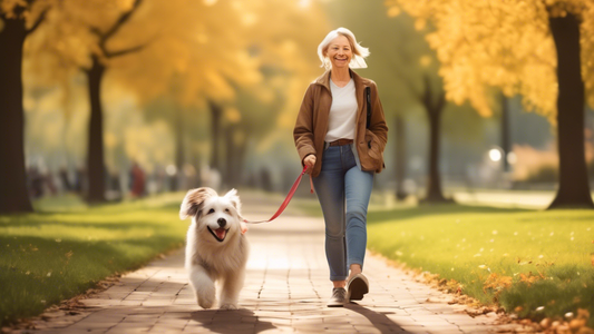 Create an image featuring a happy dog walking next to its owner in a park, using a no-pull leash. The dog looks comfortable and relaxed, while the owner seems content and in control. Highlight the lea