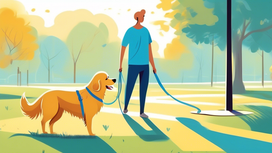 An attentive dog owner happily training a golden retriever in a spacious sunny park using a long blue leash.