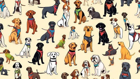 Create an image of a variety of dogs wearing different styles of harnesses with built-in handles. The harnesses should be shown in different colors and designs, and the dogs should be depicted in vari