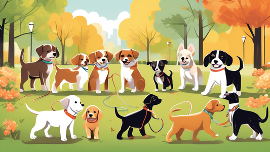 Create a heartwarming illustration of a variety of puppies, each with different types of colorful, stylish, and functional leads (leashes). Show different breeds and sizes of puppies happily walking w