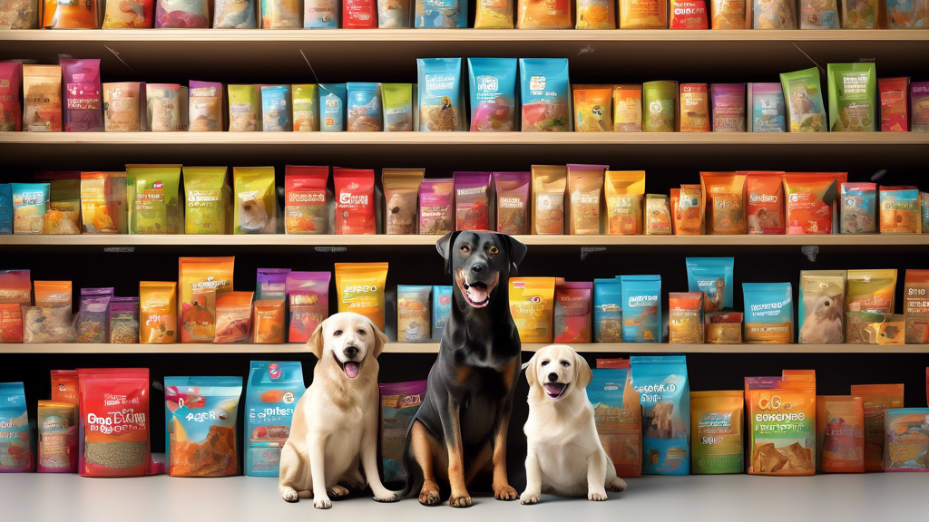 Create an image featuring a variety of high-quality dog food bags and cans displayed on shelves in a warehouse setting. Include a friendly and knowledgeable store associate helping a customer choose t