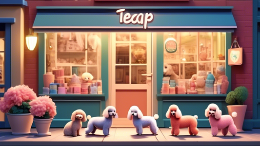 Create an image of a cozy, well-lit pet shop with a friendly shopkeeper showcasing adorable teacup poodles for sale. The scene features several teacup poodles of different colors playing in a spacious