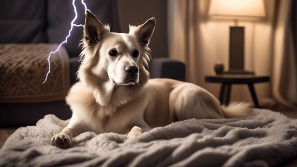 Create an image of a cozy, calming scene where a dog sits peacefully on a soft blanket with gentle thunder and lightning in the background, showcasing how the dog feels safe and relaxed. The blanket s