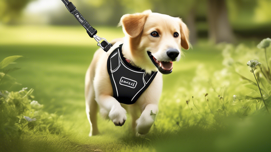 Create an image of a happy dog outdoors wearing a Halti dog harness, with the harness clearly visible and comfortably fitted. The backdrop could feature a lush, green park with the dog being walked by