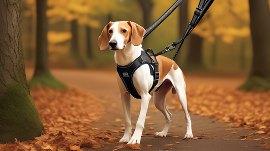 Create an image featuring a sleek, ergonomic harness specifically designed for hounds, highlighted on different breeds like greyhounds, beagles, and basset hounds. The harness should have adjustable s