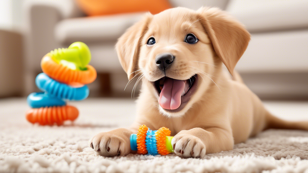 Create an image of a playful, teething puppy joyfully chewing on a Nylabone toy. The background should be a cozy, brightly lit living room with some scattered puppy toys and a soft rug. The Nylabone c