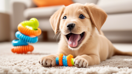 Create an image of a playful, teething puppy joyfully chewing on a Nylabone toy. The background should be a cozy, brightly lit living room with some scattered puppy toys and a soft rug. The Nylabone c