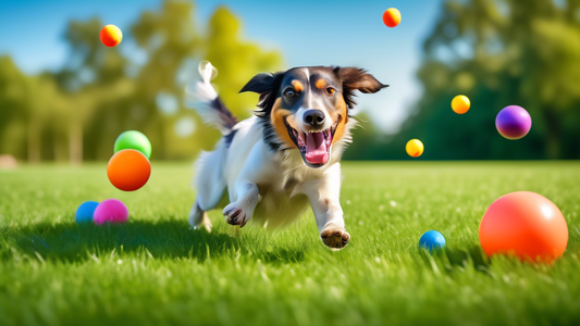Create an image of a playful and energetic dog in a vibrant outdoor park setting, surrounded by a variety of fetch toys such as brightly colored balls, frisbees, ropes, and rubber sticks. The dog shou