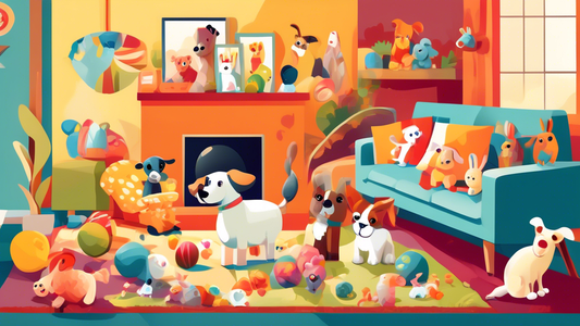 Create an image of various pets, such as dogs, cats, and rabbits, joyfully playing together with cheerful, colorful Lamb Chop toys in a cozy, homely living room setting. Include a sense of excitement 