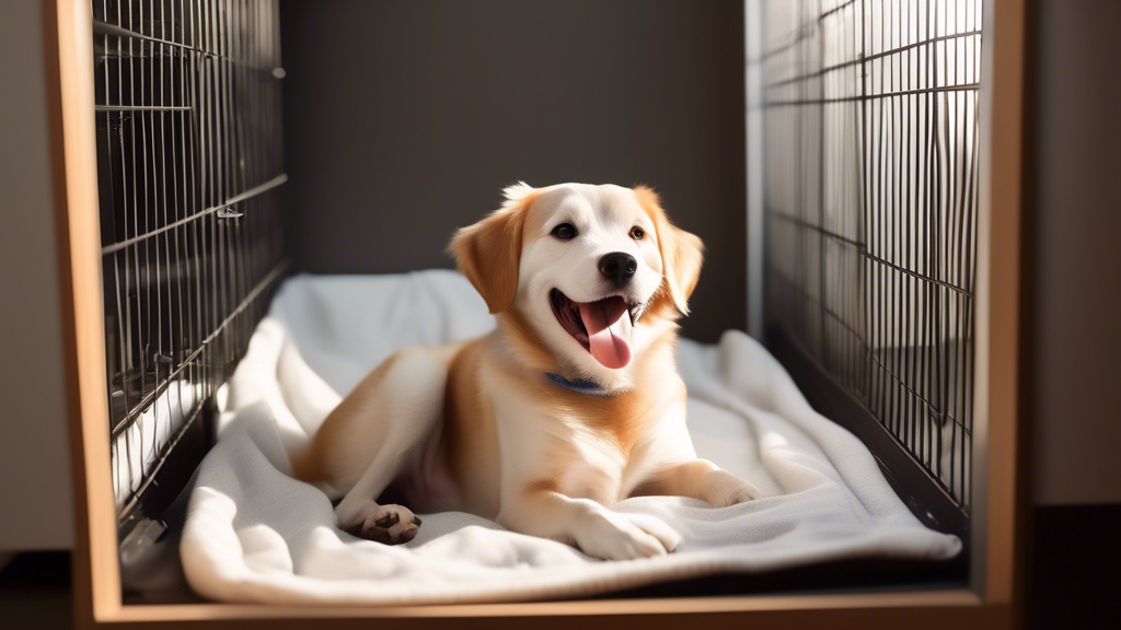 Create an image of a happy dog relaxing inside a spacious crate equipped with a small, modern crate fan. The scene should be a cozy indoor environment with sun rays streaming through a nearby window, 