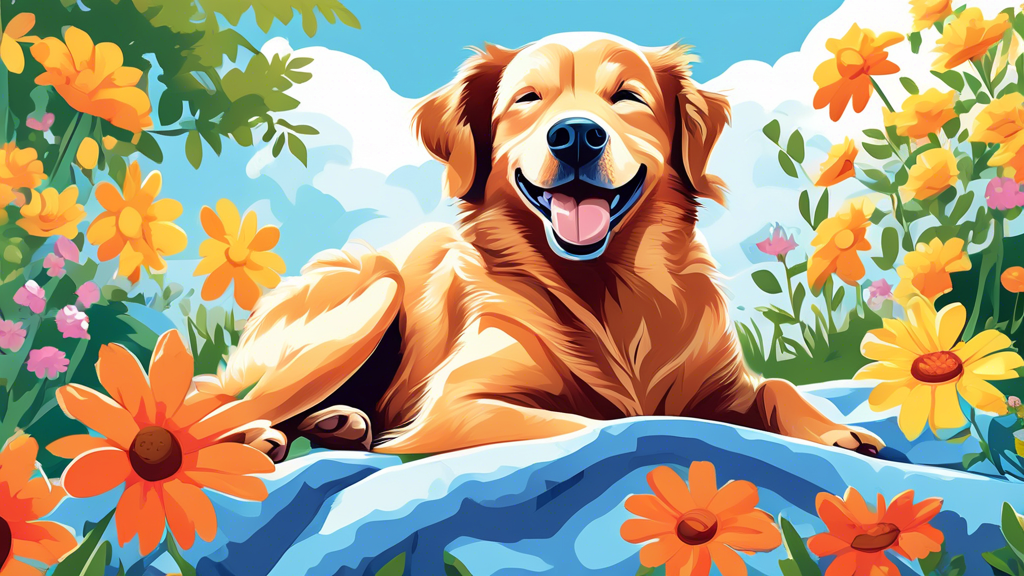 Illustration of a happy dog lying on a cooling blanket in a sunlit backyard, surrounded by vibrant summer flowers, with a clear blue sky and a shaded area in the background. The dog looks relaxed and 