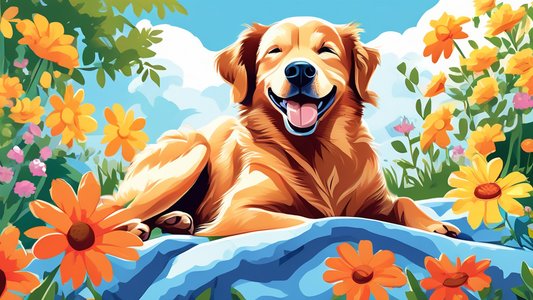 Illustration of a happy dog lying on a cooling blanket in a sunlit backyard, surrounded by vibrant summer flowers, with a clear blue sky and a shaded area in the background. The dog looks relaxed and 