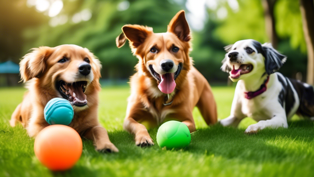 A vibrant and playful scene featuring a group of energetic dogs of various breeds enthusiastically playing with an assortment of tough, durable dog toys specifically designed for heavy chewers. The to