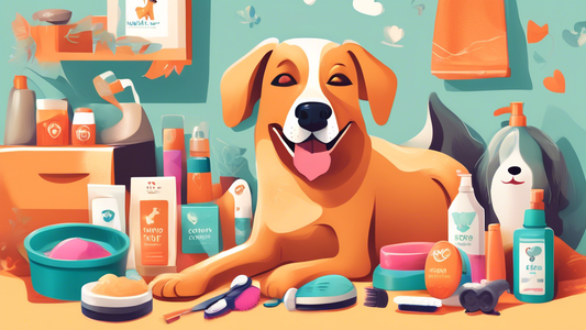 A whimsical illustration of a cheerful dog surrounded by a variety of top dog care products, including grooming brushes, organic shampoos, nutritious treats, comfortable beds, stylish collars, and eng