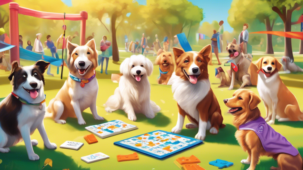 A heartwarming image of a diverse group of dogs engaged in various brain training activities with their enthusiastic owners in a sunny outdoor park. One dog is solving a puzzle toy, another is navigat
