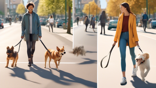Create a split-image showing two contrasting scenes. On the left side, illustrate a dog owner happily walking their dog on a flexi leash in a spacious park, showcasing the dog's freedom to roam and th
