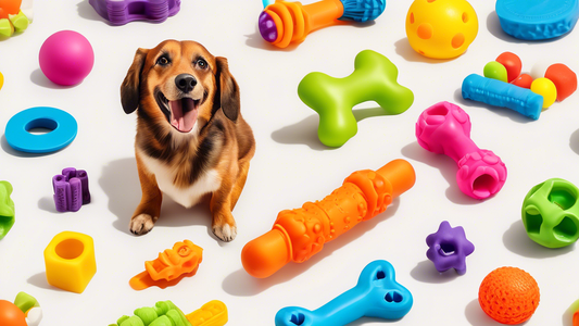 A colorful display of various rubber chew toys designed for dogs, featuring different shapes and sizes including bones, balls, and animal figures. The toys are arranged on a bright, clean surface with