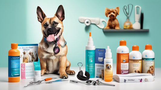 Create an image of a pet care setting, with a close-up of a person gently applying Zymox Ear Solution to a relaxed dog’s ear. The backdrop features veterinary tools, informational leaflets, and other 