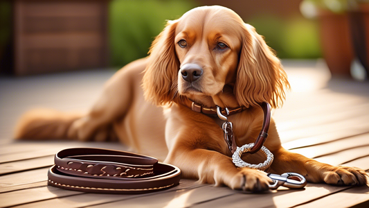 Create an image showcasing a stylish and durable braided leather dog leash, elegantly coiled beside a well-groomed dog with a shiny coat. The dog is sitting on a beautiful wooden deck in a sunlit gard