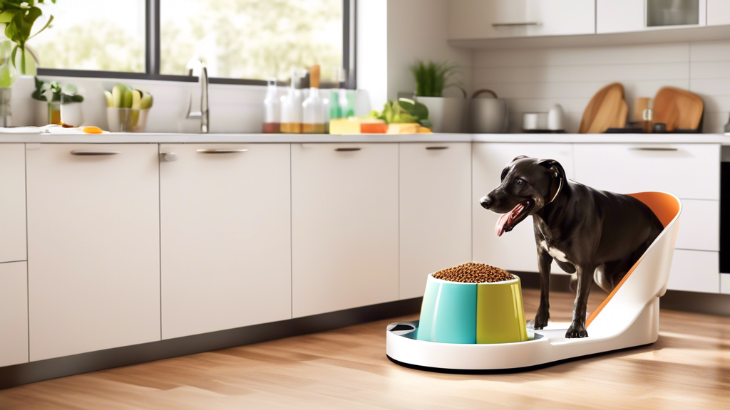 Create an image of a gravity dog feeder in a modern kitchen setting. The feeder should be sleek and innovative, with clear sections showing how it dispenses food effortlessly. A happy, well-fed dog si