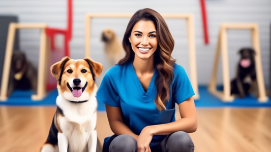 Create an image of a cheerful, well-behaved dog sitting attentively beside a professional dog trainer at a training facility. The background should include kennels, agility equipment, and happy dogs p