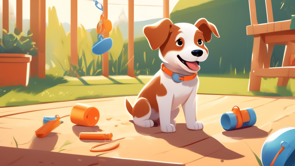 Illustration of a happy young puppy undergoing training in a sunny backyard. A friendly dog trainer kneels beside the puppy, showing it how to sit and giving a treat as a reward. In the background, th