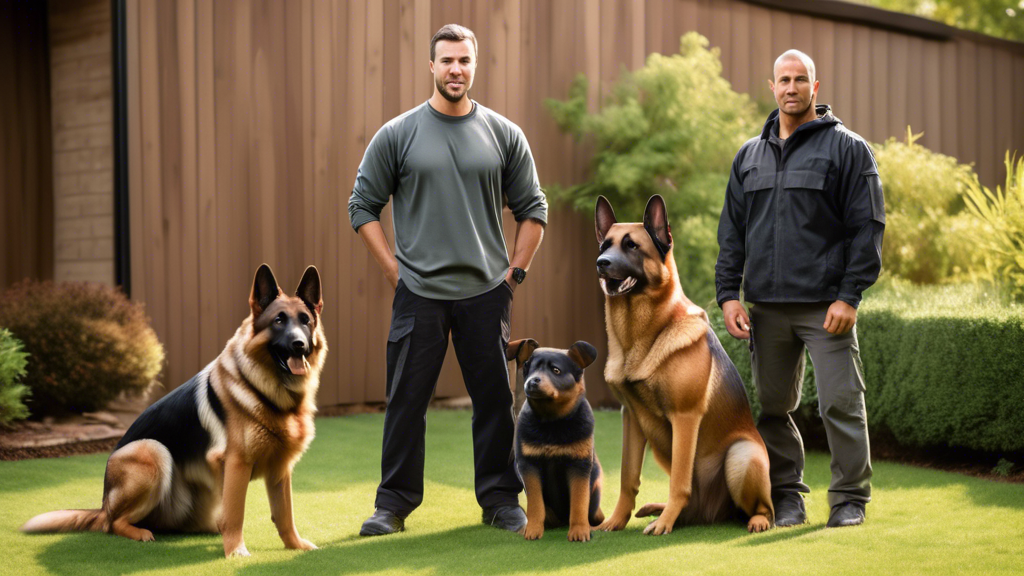 Create an image of a confident and alert German Shepherd, Belgian Malinois, and Rottweiler standing together in a backyard. Their handler, a person wearing casual outdoor clothing, is visibly assessin