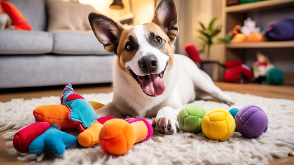 Create an image of a happy dog playing with a variety of durable, colorful stuffed dog toys in a cozy living room. Show the dog chewing on and tugging at the toys, which should be in various shapes li