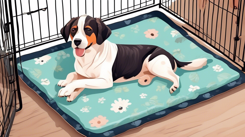Create a highly detailed and realistic image of a dog comfortably lying on a waterproof dog crate pad inside a cozy dog crate. Show various types and designs of waterproof pads, highlighting features 
