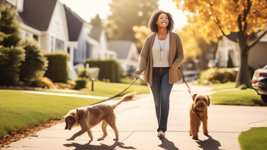 Create an image of a dog owner calmly walking their dog on a leash in a peaceful, suburban neighborhood. The dog is alert but relaxed, and the owner is using positive reinforcement techniques, such as