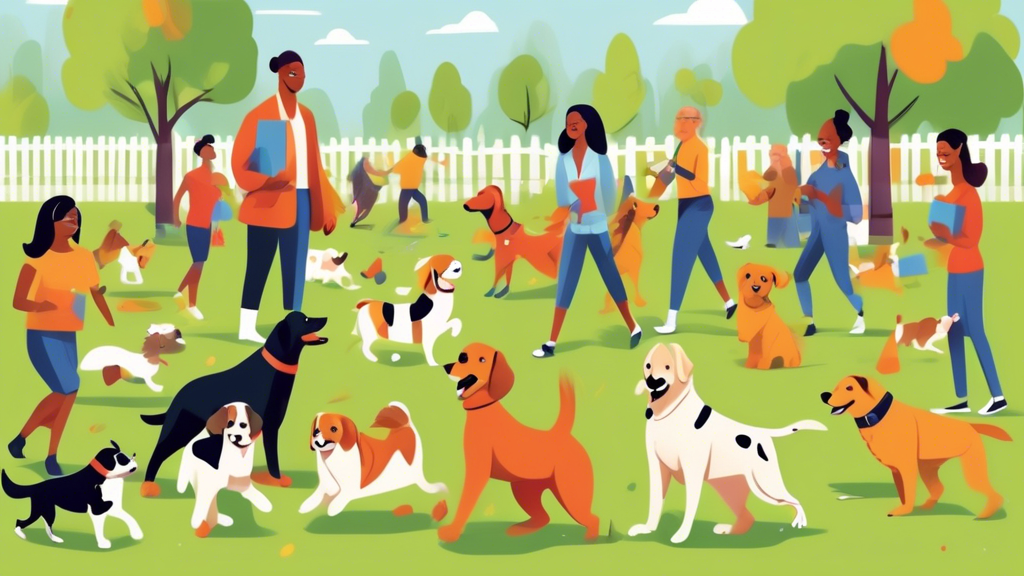 Create an image depicting a joyful scene of various dog breeds participating in an AKC training course at a local park. Illustrate a diverse group of dedicated dog owners engaging with professional tr