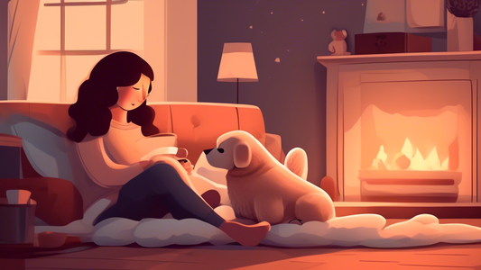 Create an image featuring a cozy living room scene with a person snuggling a Warmies dog plush toy. The plush toy should look soft and cuddly, emitting a gentle warmth. Include calming elements like a
