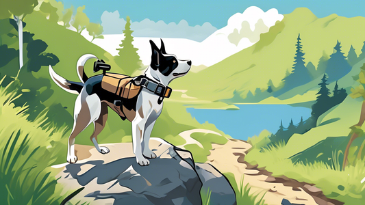 Create an image of a person holding the Dogtra Pathfinder GPS dog tracking device while exploring a scenic hiking trail with their dog. The dog should be wearing a high-tech collar, and the person sho
